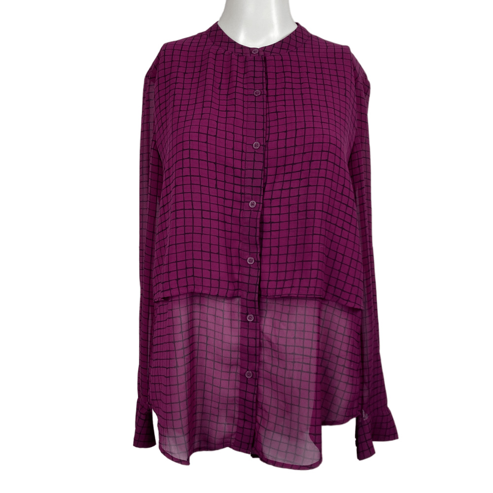 Banana Republic Shirt Women XS Double Front Purple Black Check Long Sleeve